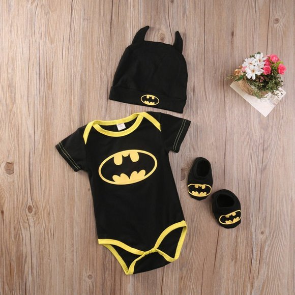 Newborn Toddler Baby Boy Batman Romper Shoes Hat 3Pcs Clothes Outfit Costume USA - Picture 1 of 3